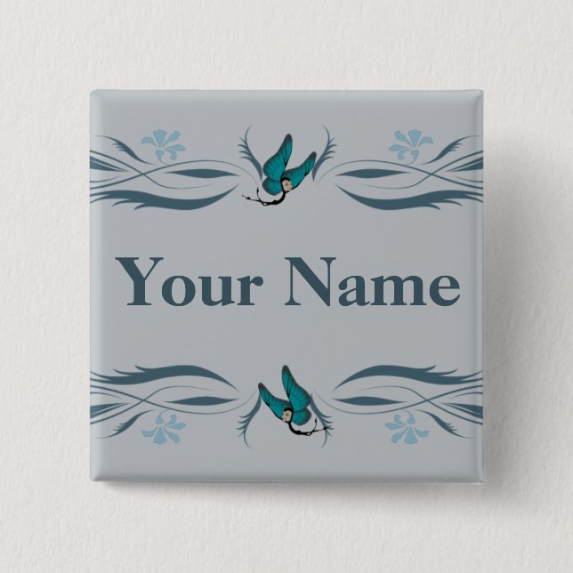 Bóton Quadrado 5.08cm Botão azul com Butterfairies (Frente)