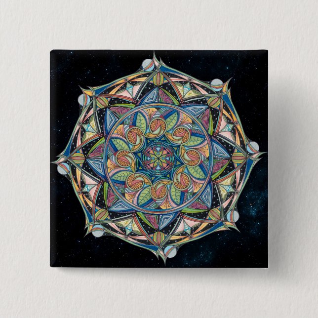 Bóton Quadrado 5.08cm Botão Boho-chic Multicolor Mandala (Frente)
