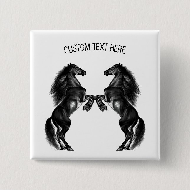 Bóton Quadrado 5.08cm Botão Cavalos Pretos com Texto Personalizado (Frente)