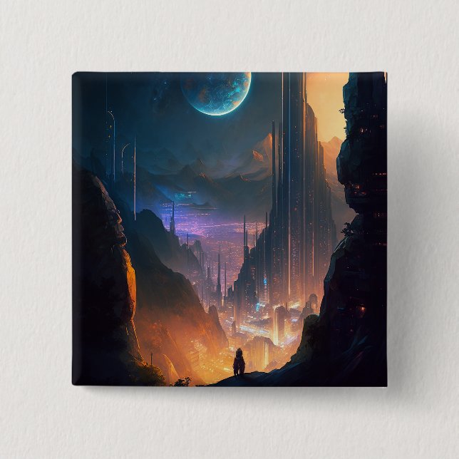 Bóton Quadrado 5.08cm Botão Cidade Futurística Ficção Científica (Frente)