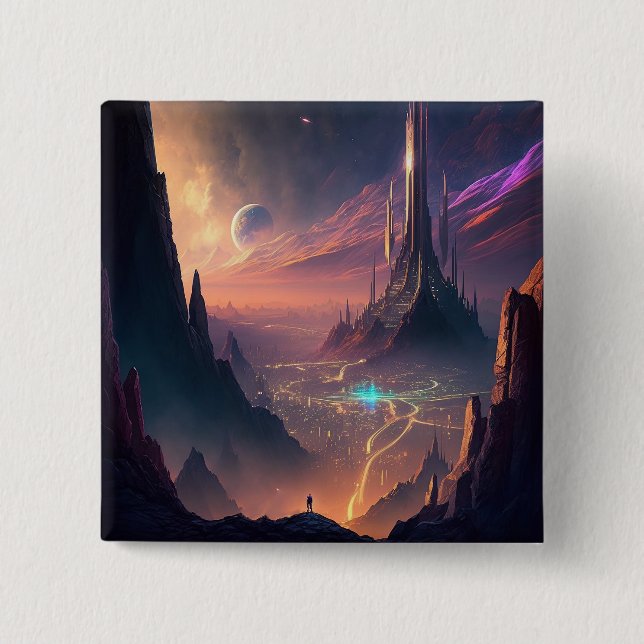 Bóton Quadrado 5.08cm Botão Cidade Futurística Ficção Científica (Frente)