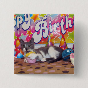 Bóton Quadrado 5.08cm Botão de Aniversário do Bob - Gato / Gatinho
