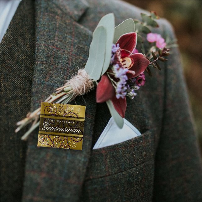 Bóton Quadrado 5.08cm Botão de Casamento Dourado para Espíritos Roxos do (GROOMSMAN Boho Purple Spiral Dots Stylish Gold Wedding Party Pinback Button @ fat_fa_tin)