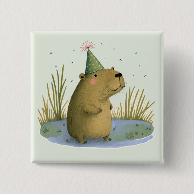 Bóton Quadrado 5.08cm Botão de Chapéu Festivo Capybara Birthday (Frente)