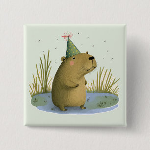 Bóton Quadrado 5.08cm Botão de Chapéu Festivo Capybara Birthday