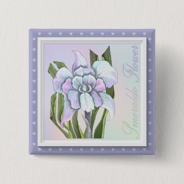 Bóton Quadrado 5.08cm Botão de flor de Smeraldo (Frente)