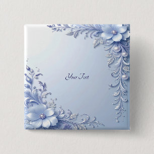 Bóton Quadrado 5.08cm Botão de Flores Ornamentadas Azuis com Pérolas