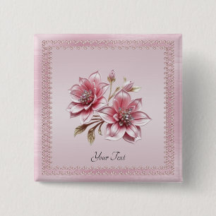 Bóton Quadrado 5.08cm Botão de Flores Rosa Moderno