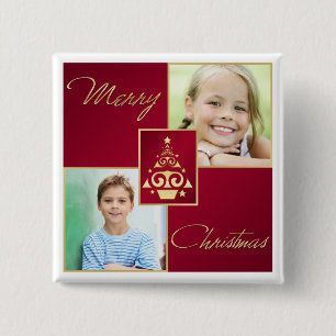 Bóton Quadrado 5.08cm Botão de Foto da Árvore de Natal Vermelha, Branca 