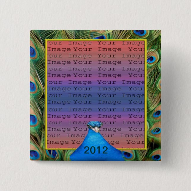 Bóton Quadrado 5.08cm Botão de Fotografia de Casamento Pacock (Frente)