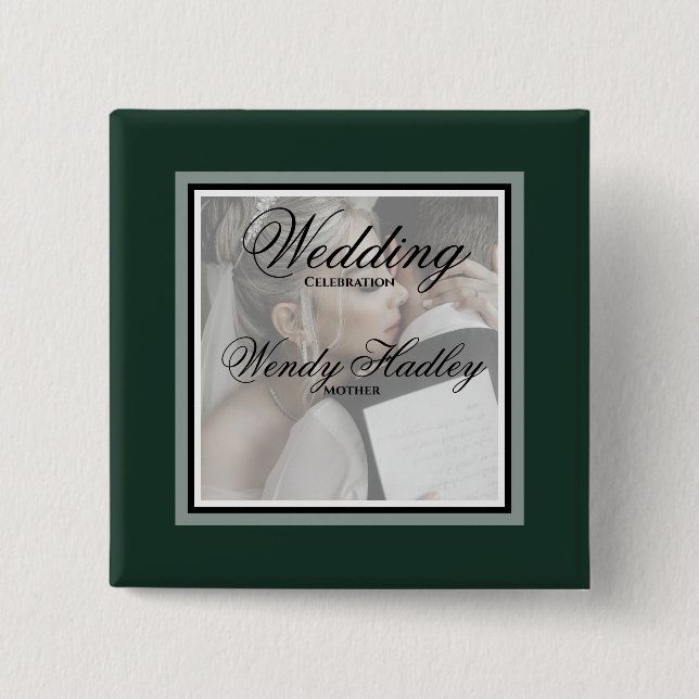 Bóton Quadrado 5.08cm Botão de nome de casamento personalizável do Emera (Frente)