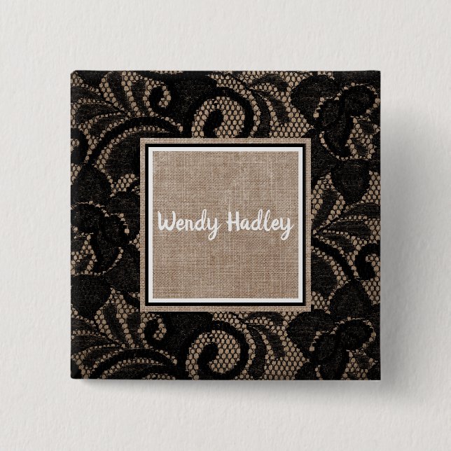 Bóton Quadrado 5.08cm Botão de nome personalizável do linen e do local (Frente)