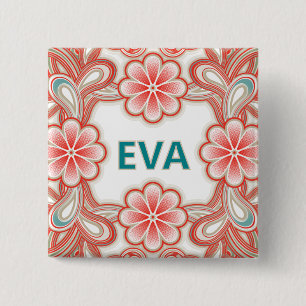 Bóton Quadrado 5.08cm Botão de nome vintage com flores vermelhas