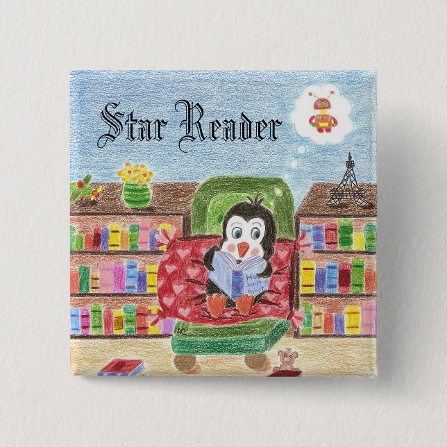 Bóton Quadrado 5.08cm Botão de recompensa de leitura do pinguim (Frente)