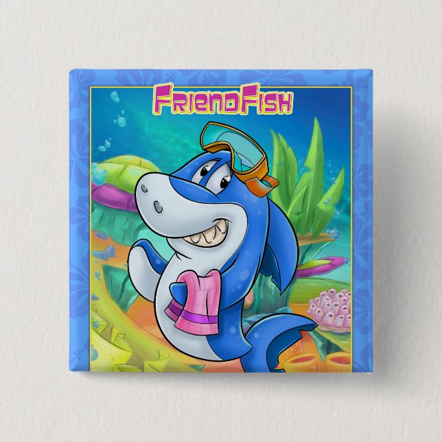 Bóton Quadrado 5.08cm botão de tubarão-cartoon fofo (Frente)