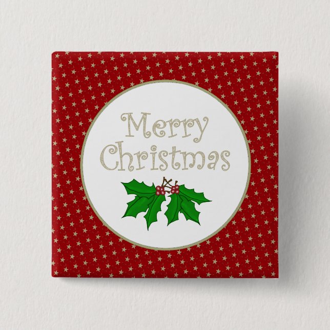 Bóton Quadrado 5.08cm Botão do azevinho do Feliz Natal (Frente)