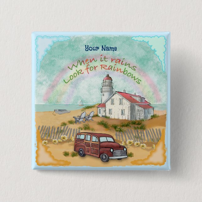 Bóton Quadrado 5.08cm Botão do Farol do Arco-Íris de Praia (Frente)