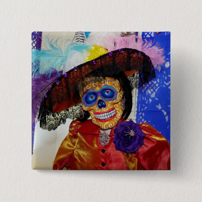 Bóton Quadrado 5.08cm Botão do Pino da Catrina Sorrindo (Frente)