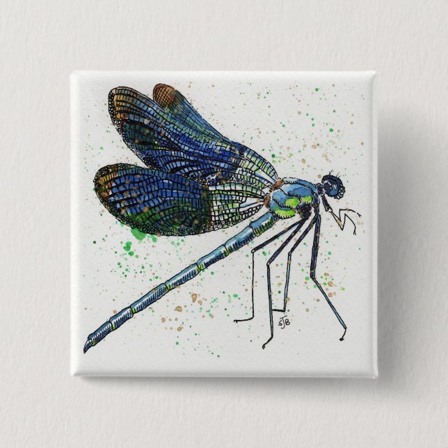 Bóton Quadrado 5.08cm Botão Dragonfly de Aquarela (Frente)