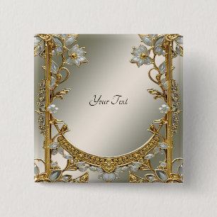 Bóton Quadrado 5.08cm Botão Floral Branco Ornado a Ouro