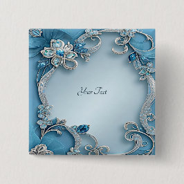 Bóton Quadrado 5.08cm Botão Floral Ornamentado Azul