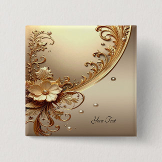 Bóton Quadrado 5.08cm Botão Floral Ornamentado Dourado
