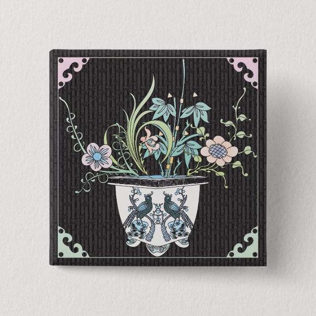 Bóton Quadrado 5.08cm Botão Flores/Aves Mah Jongg (Frente)