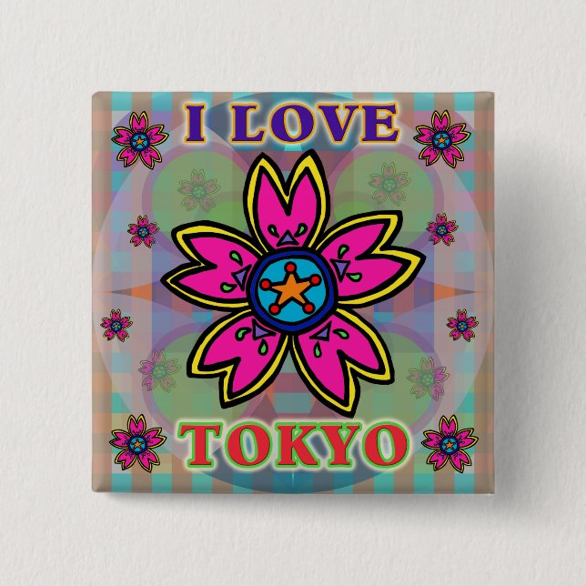 Bóton Quadrado 5.08cm Botão Flores "EU AMO TÓQUIO" (Frente)