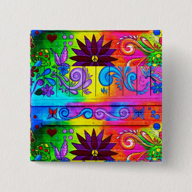 Bóton Quadrado 5.08cm botão groovy do hippie dos anos 70 (Frente)