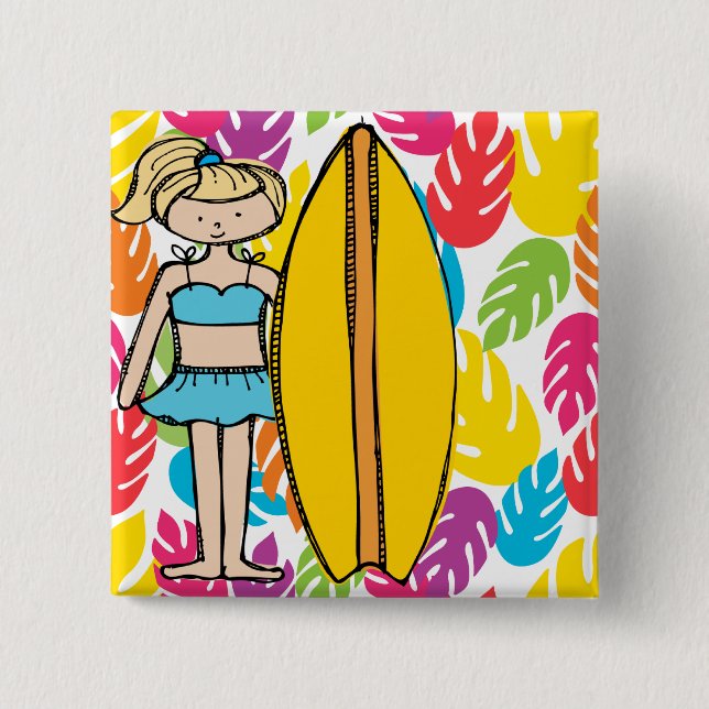 Bóton Quadrado 5.08cm Botão Loira Surfer Girl (Frente)