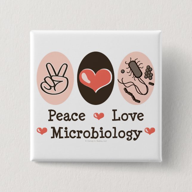Bóton Quadrado 5.08cm Botão Microbiologia Peace Love (Frente)