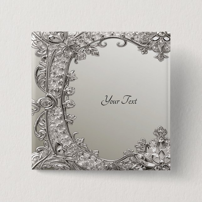 Bóton Quadrado 5.08cm Botão Moderno do Ornamentado Prateado (Frente)