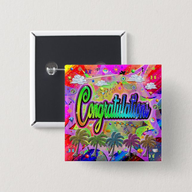 Bóton Quadrado 5.08cm Botão parabéns ~ Vista Express (Frente & Verso)