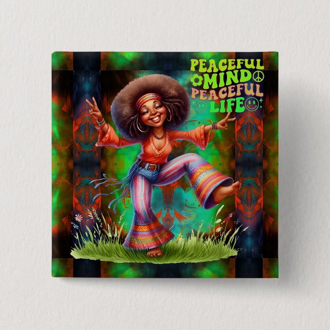 Bóton Quadrado 5.08cm Botão Peaceful Hippie Colorful-Me (Frente)