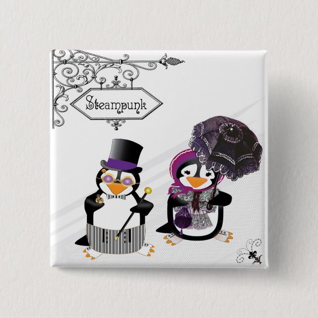 Bóton Quadrado 5.08cm Botão Pinguins Steampunk (Frente)