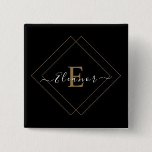 Bóton Quadrado 5.08cm Botão Preto na moda com Texto de Nome Personalizad