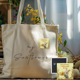 Bóton Quadrado 5.08cm Botão Quadrado | Coelhinho Fofo Segurando Girassol