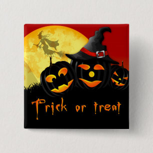 Bóton Quadrado 5.08cm Botão Quadrado Halloween/Bruxa Voadora e Abóbora