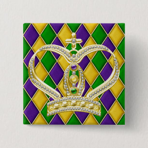 Bóton Quadrado 5.08cm Botão Quadrado Mardi Gras Harlequin com Coroa