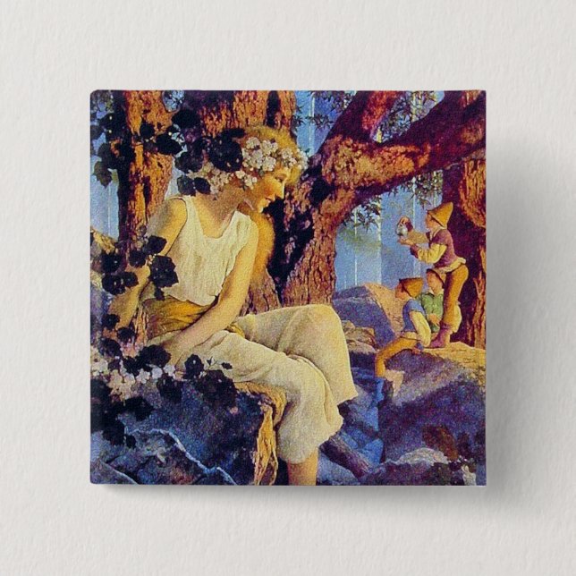 Bóton Quadrado 5.08cm Botão: Rapariga com Elves - por Maxfield Parrish (Frente)
