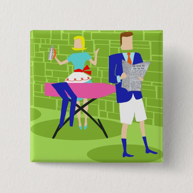 Bóton Quadrado 5.08cm Botão Retro Cartoon Casal no Início (Frente)