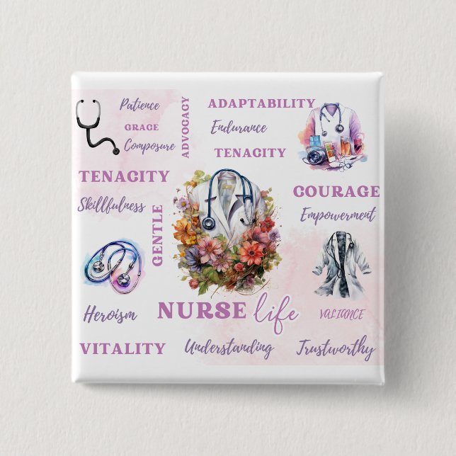 Bóton Quadrado 5.08cm Botão Vida Útil da Enfermeira (Frente)