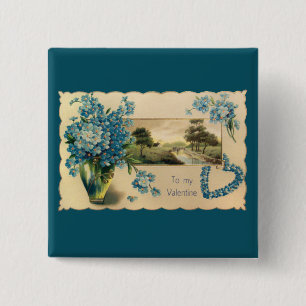 Bóton Quadrado 5.08cm Botão Vintage do Dia dos Namorados Flor Azul