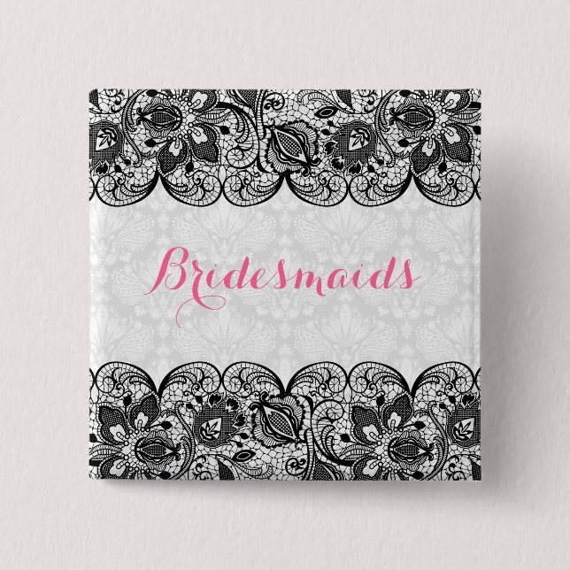 Bóton Quadrado 5.08cm Botão White Damask & Black Lace Bridesmaids (Frente)