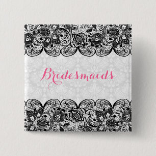 Bóton Quadrado 5.08cm Botão White Damask & Black Lace Bridesmaids