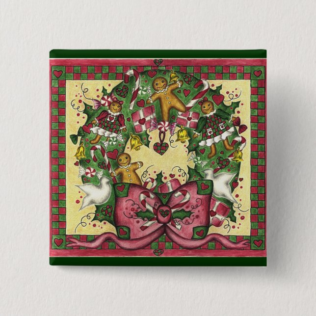 Bóton Quadrado 5.08cm Botão Wreath de Pão de Natal (Frente)