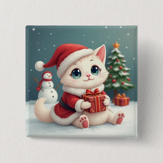 Bóton Quadrado 5.08cm Botões de Gato de Natal Branco (Frente)