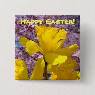 Bóton Quadrado 5.08cm Botões Feliz Páscoa Narcisos Amarelos Flor de Pess