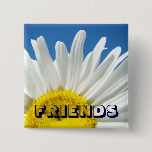 Bóton Quadrado 5.08cm botões FRIENDS Flores de Margarida Branca Floral