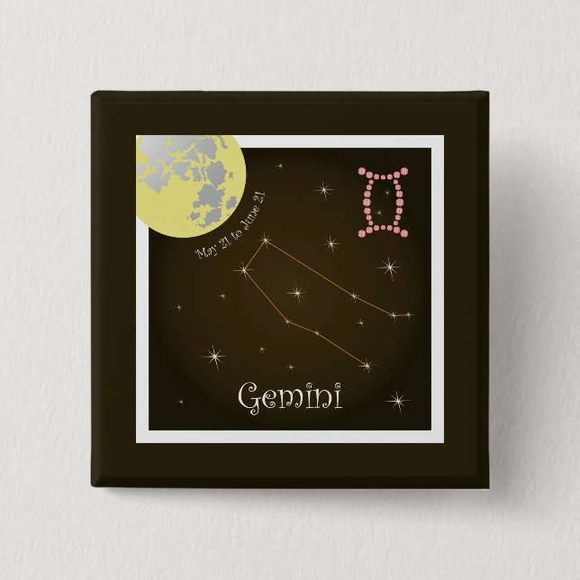 Bóton Quadrado 5.08cm Botões Gemini de 21 de maio a 21 de junho (Frente)